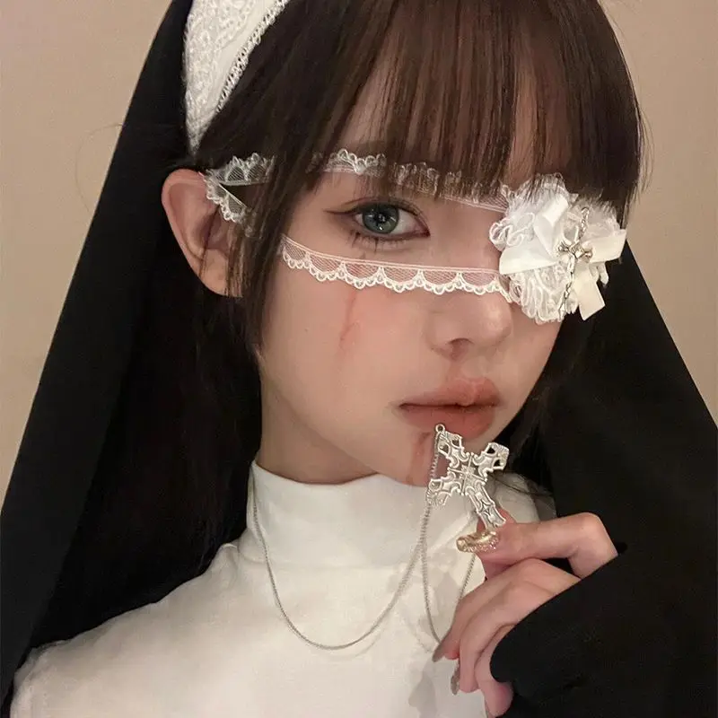 Nonne Halloween Punk Augenmaske Atmungsaktive weiße Spitze Schleife Herz Vollgesichtsmaske Kreuz Cosplay Requisiten