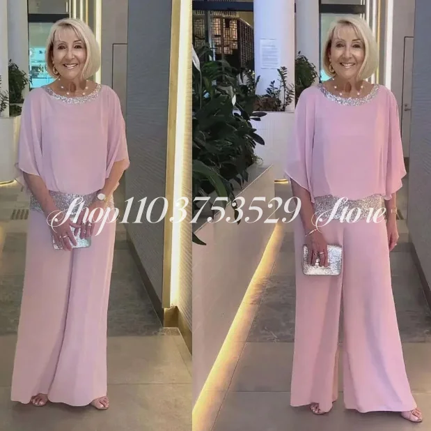 Fashion Mother of the Bride Gowns Pink Elegant Round Neck Chiffon Tailored Pants Suit Dress vestido de festa de casamento