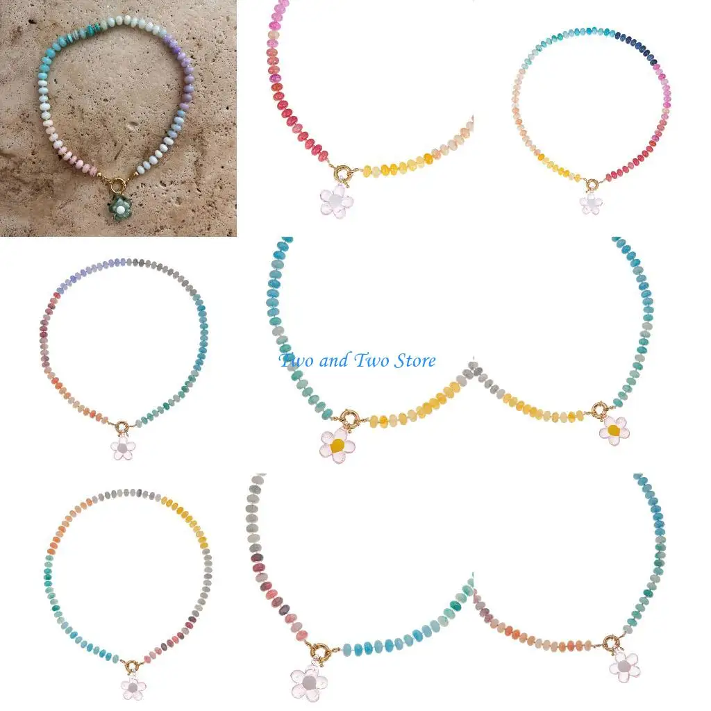 

HX6F Multicolor Beaded Flower Necklace Adjustable Chain Everyday Stylish Beaded Chokers Jewelry Gift For Her