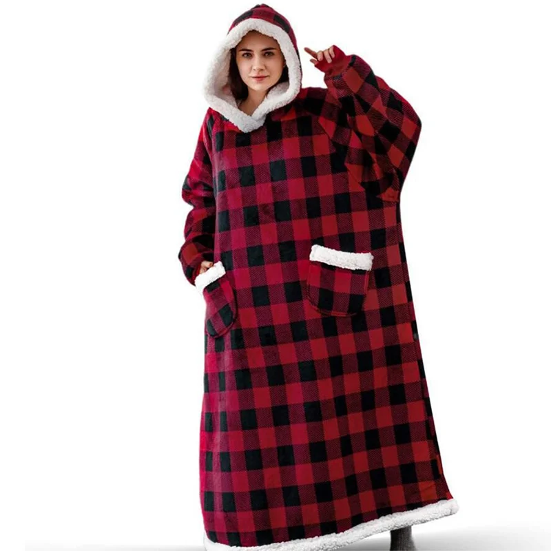 2023 Super Long Flannel Blanket with Sleeves Winter Hoodies Sweatshirt Women Pullover Fleece Giant Bathrobe