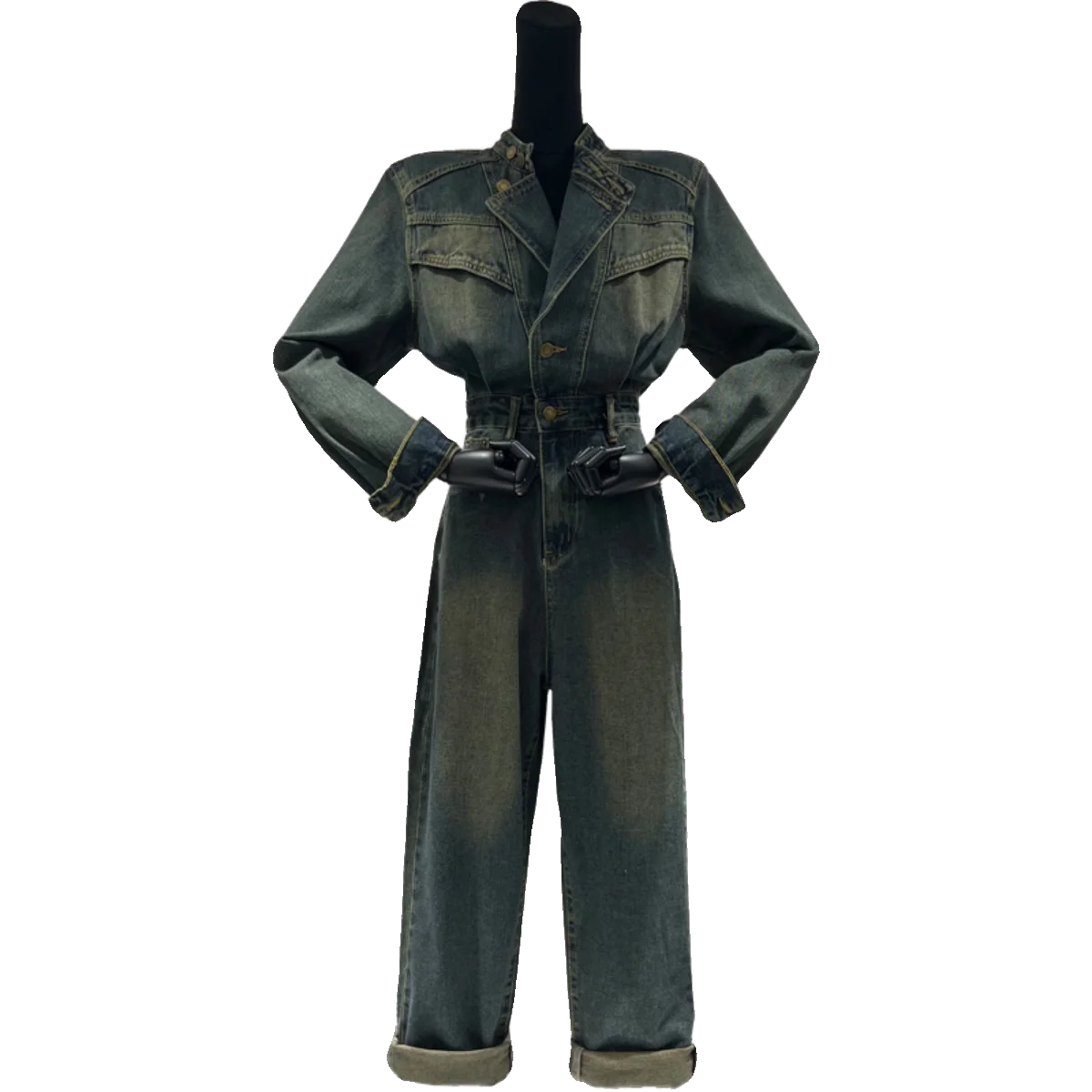 Novo ibcyx americano sle cintura alta emagrecimento denim macacão calças compridas v-ne retro ele faionable algodão workwear