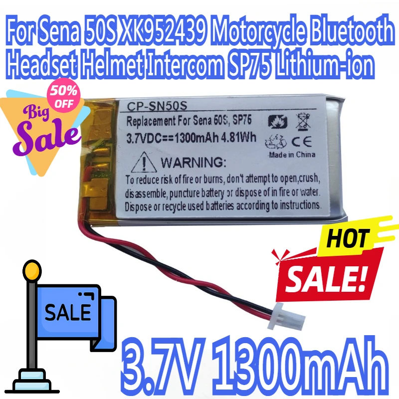 

For Sena 50S XK952439 Motorcycle Bluetooth Headset Helmet Intercom 3.7V 1300mAh SP75 Lithium-ion Rechargeable Battery