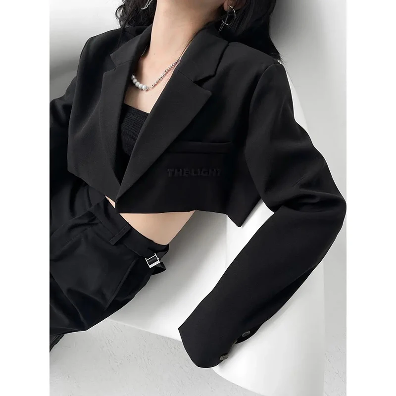 MEXZT Cropped Blazers Women Korean Black Suit Short Jackets Streetwear Harajuku Print Coats Vintage Elegant Slim Casual Outwear