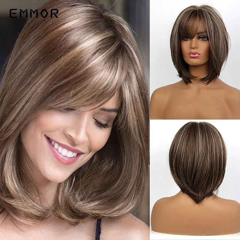 Short Brown Hightlight Straight Machine Made Synthetic Hair Wig With Bangs Capless Wig for Women