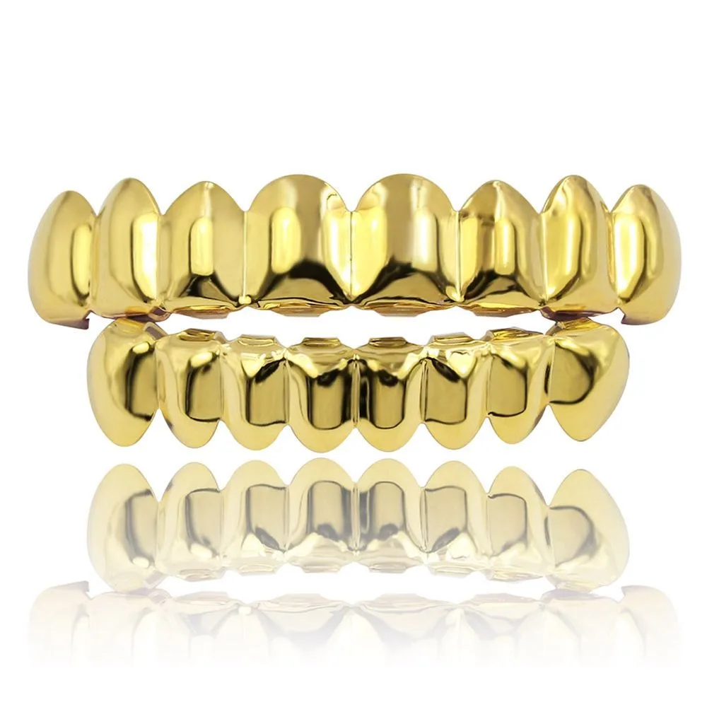 Unisex Glossy Finish Teeth Grillz Top Bottom Set Eco-friendly Copper Shiny Teeth Grillz Caps Gold Silver Teeth Jewelry Rapper