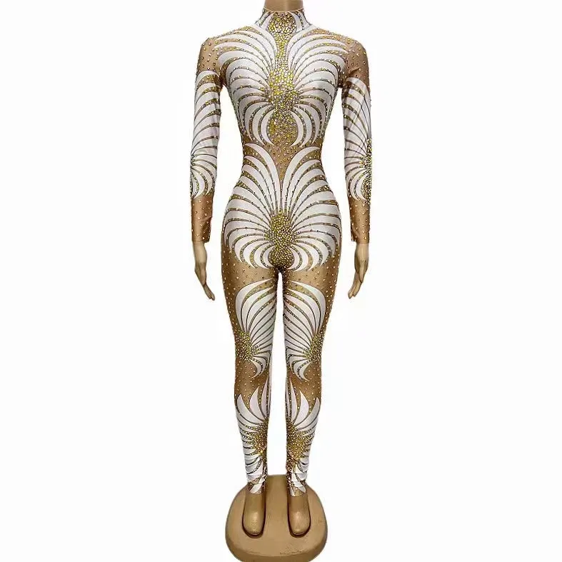 Women Sexy Sparkly Rhinestones Feather Print Jumpsuit Birthday Party Bodysuit Prom Dresses Pole Dancer Performance Costume