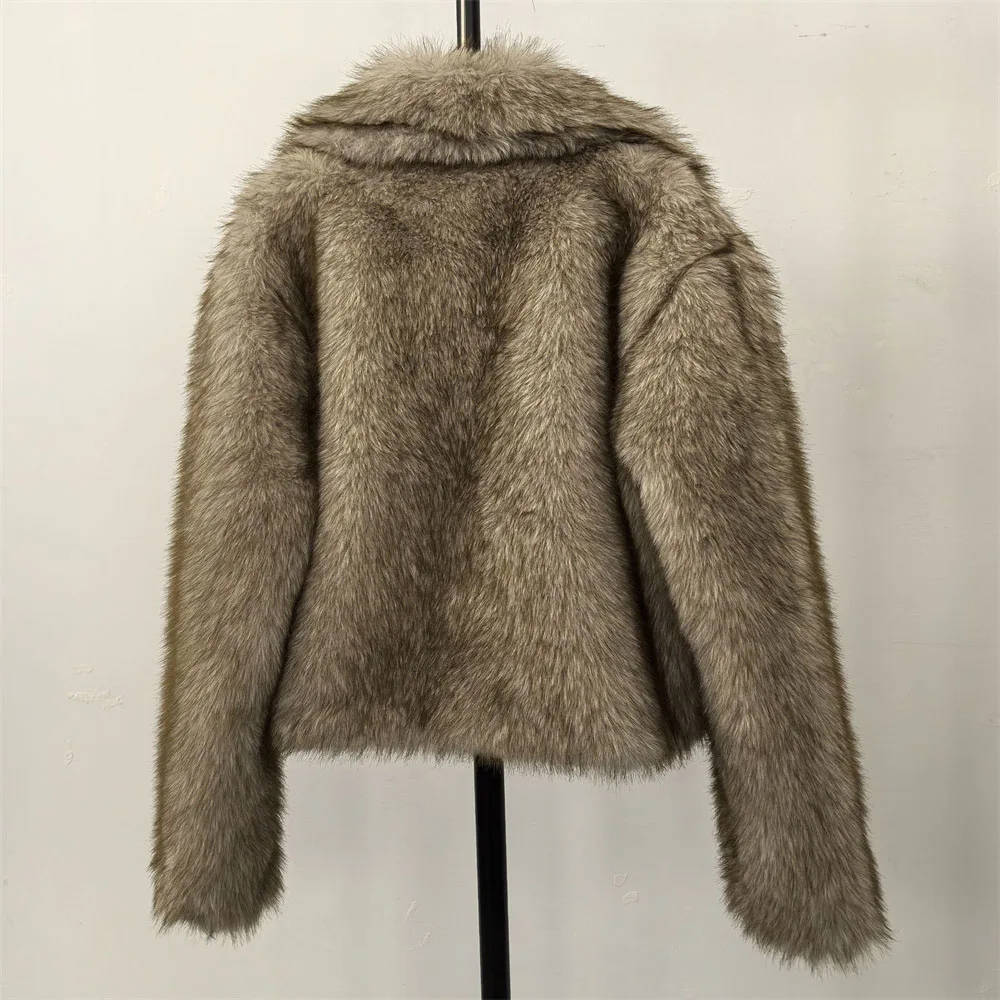 Abrigo de piel de zorro sintética esponjoso, chaqueta de invierno para mujer, moda novedosa, abrigo de piel sintética con gradiente de gran tamaño, ropa de mujer, prendas de vestir exteriores gruesas y cálidas