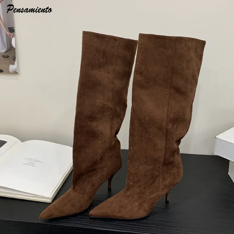 

Autumn Winter Fashion Faux Suede Pleated Women Knee-high Boots Vintage Pointed toe Slip-on Kitten Modern Long Boots Shoes Botas