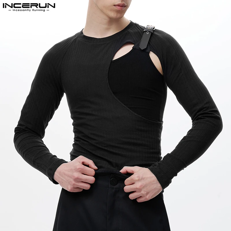 2023 Men T Shirts O-neck Long Sleeve Hollow Out Patchwork Irregular Tee Tops Fitness Streetwear Fashion Men Clothing INCERUN