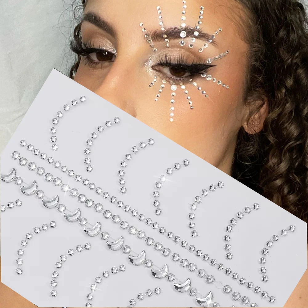 3D Clear Rhinestone Face Eye Makeup Diamond Sticker Transparent Curve Line Moon Gems Adhesive Face Decals Stage Crystal Sliders