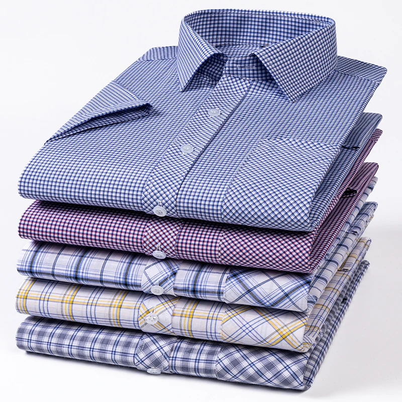 Plus size 6XL 100%cotton summer short sleeve shirts for men slim fit plain shirt thin plaid soft fashion casual elegant clothes