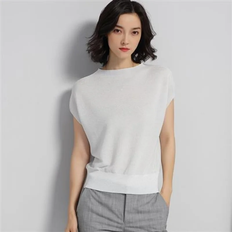 Estate New Thin Ice Silk Knitting Tops Tees manica corta o-collo All-match magliette da ufficio allentate Vintage elegante abbigliamento donna