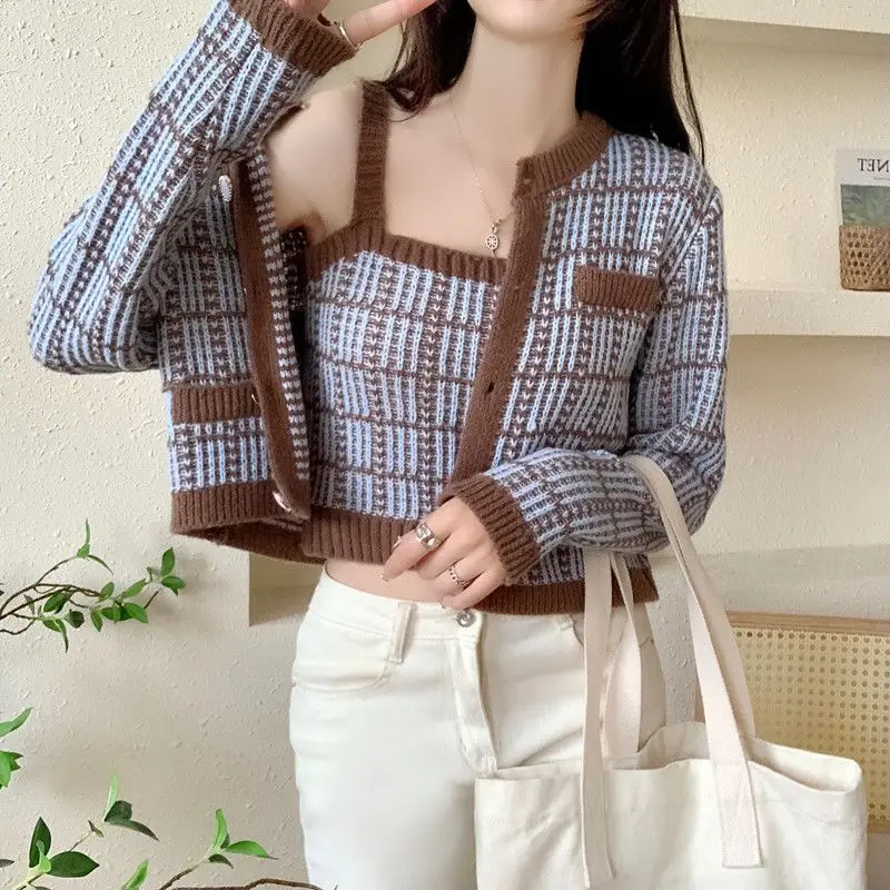 Suit Women\'s Spring Autumn New Plaid Cardigan Long Sleeve Youth Sweaters Coat Knitting Short Tank Top Fashion Sweet Clothing