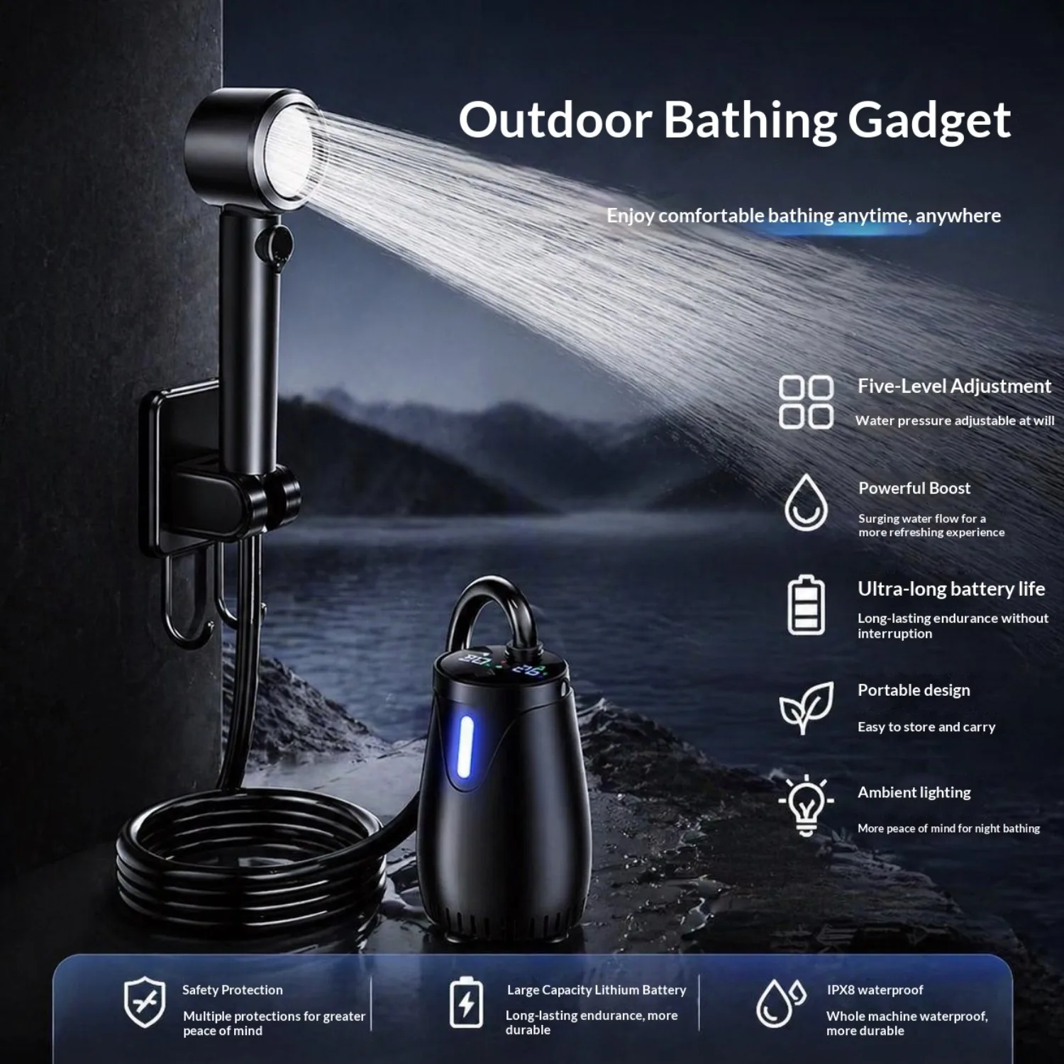 Portable Rechargeable Outdoor Shower Handheld Compact Design Gentle Shower Stream for Dog Bathing Car Washing Flower Watering