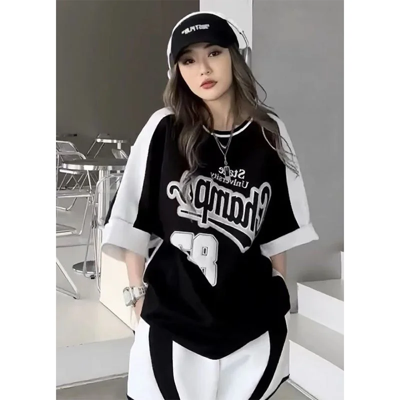 

plus Size Women's Sportswear Set Loose Fit ort Sve T-irt And Wide Leg Pants Two Piece Korean Sle Summer Outfit