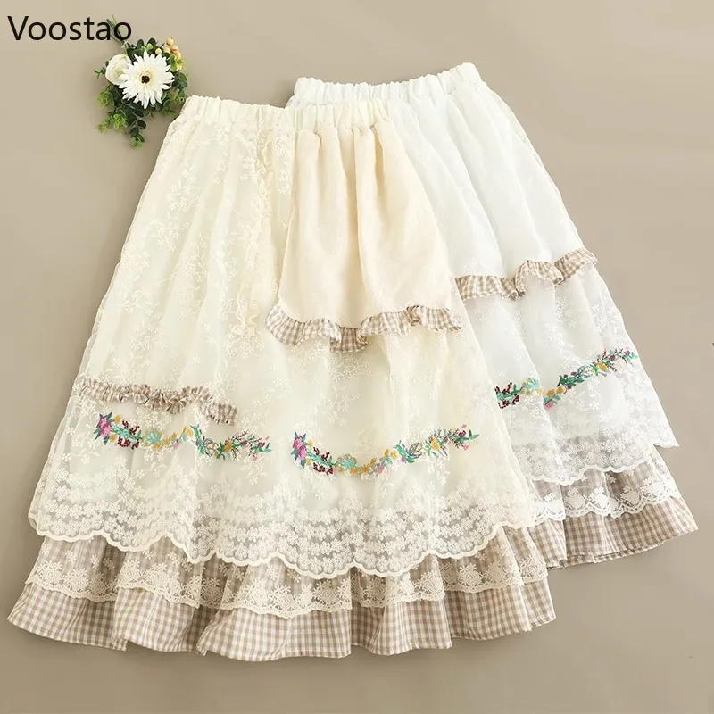 

Японская юбка Лолиты в стиле Мори для девочек, женская милая лоскутная кружевная праздничная юбка с цветочной вышивкой для девочек Y2k, повседневные юбки принцессы