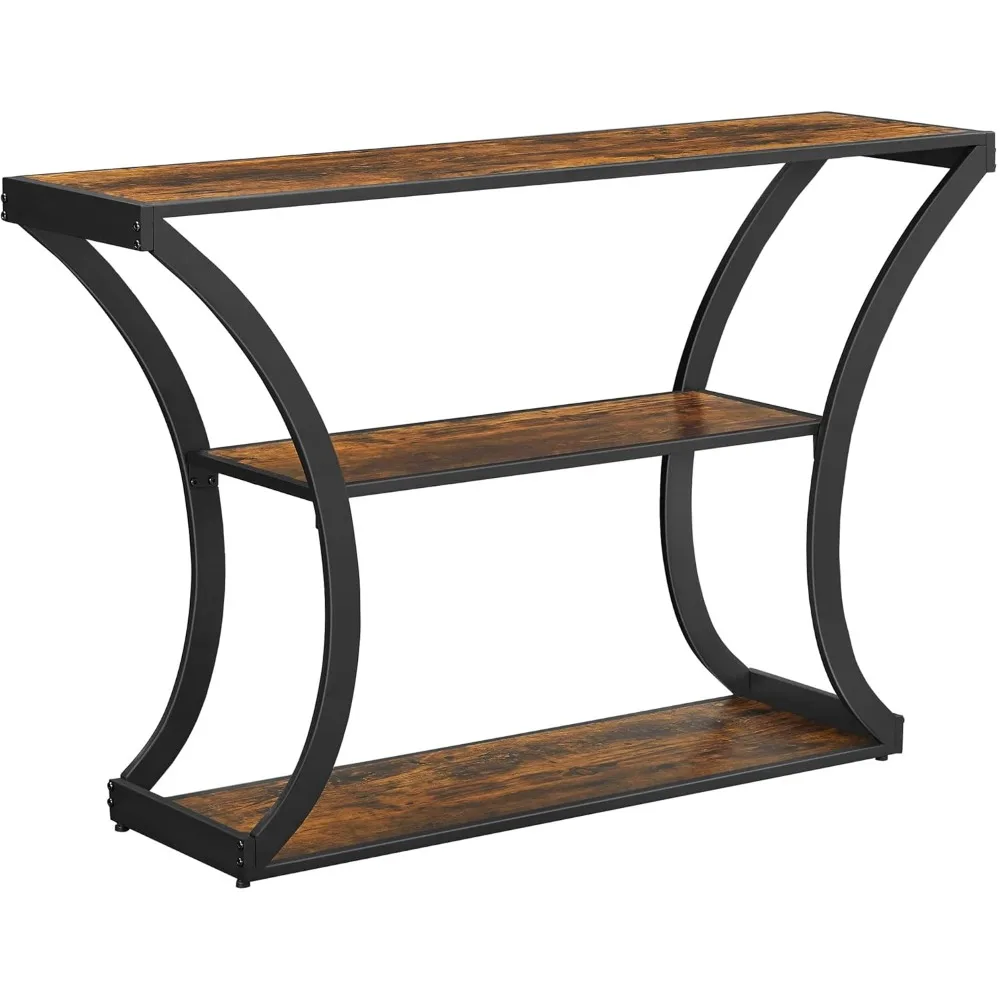 Console Table with Curved Frames and 2 Open Shelves, for Hallway Entryway Living Room, Rustic Brown + Black, 11.8 X 47.2 x