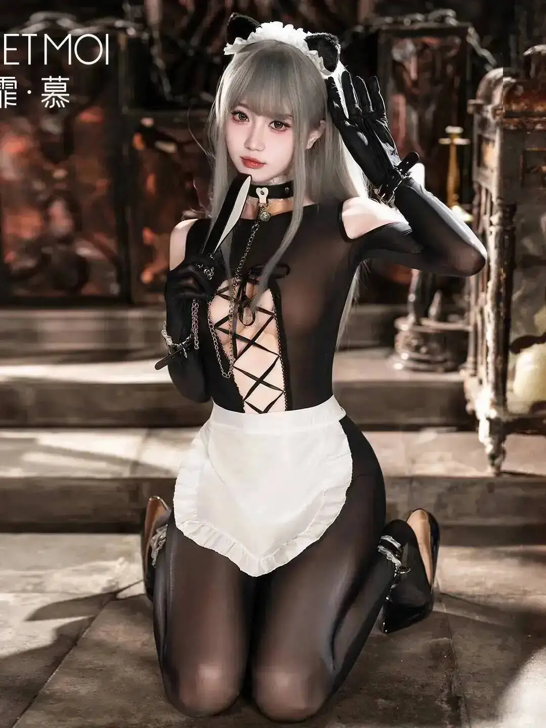 Feimu Hohl Spitze-up Offenen Schritt Glatte Body Maid Kostüm Uniform Sexy Frauen Strampler Kleidung Körper Anzüge Sexy Sheer 8SCA