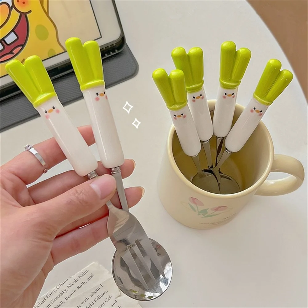 Ceramic Spoon Smooth Cute Student Set Spoon Set Tableware Cartoon Durable Green Onions Comfortable Grip Fork Thick Easy To Clean