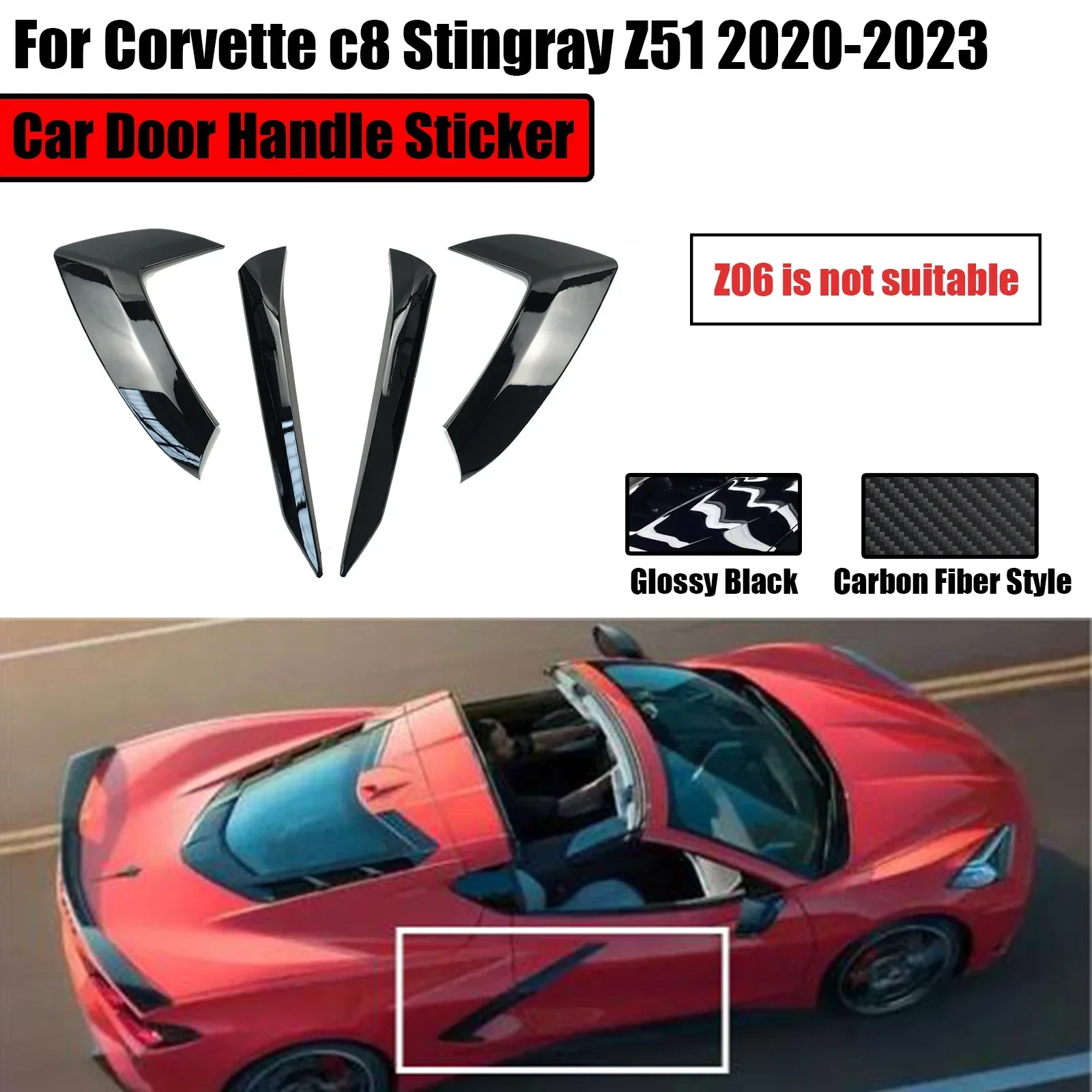 

For Corvette c8 Stingray Z51 Four Piece Set Door Handle Sticker 2020-2023 Glossy Black Carbon Fiber Style Car Exterior Trimcover