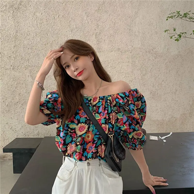 Fashion Slash Neck Printed Sexy Puff Sleeve T-Shirts Women\'s Clothing 2024 Summer New Loose Casual Tops Sweet Tee Shirt