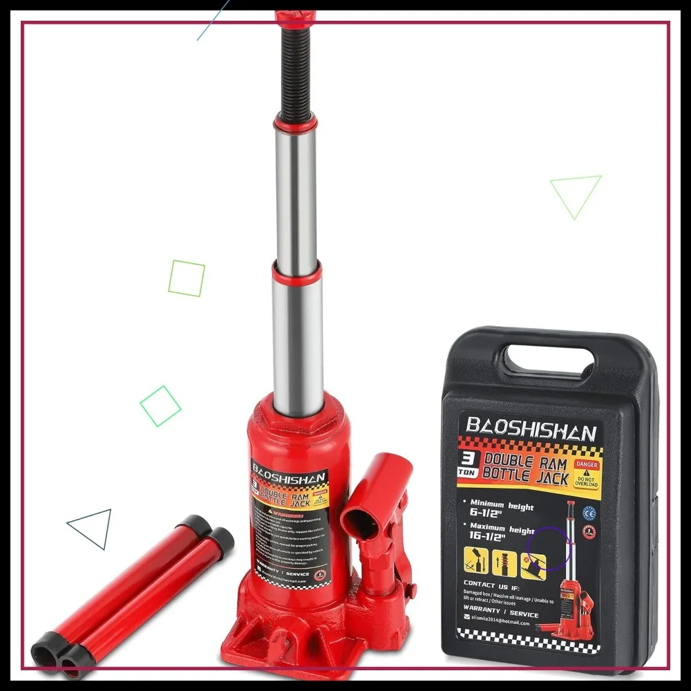 

3-тонный гидравлический домкрат для бутылок с двойной рамкой и футляром для переноски, диапазон подъема от 6,5 до 16,5 дюймов