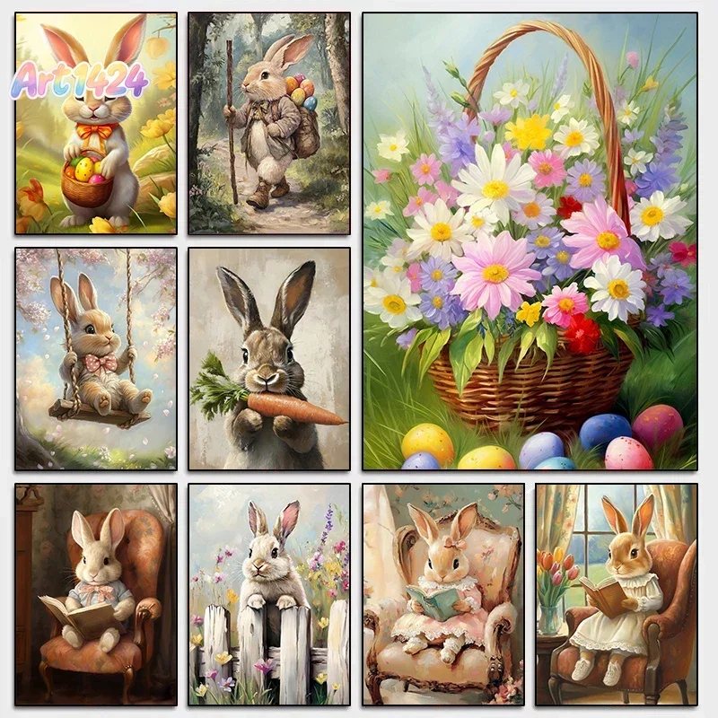 Affiche Vintage Bohème Mignon Lapin et Oeuf de Pâques, Peinture sur Toile Rustique, Tableau Mural Animalier, Décoration de Ferme pour la Maison