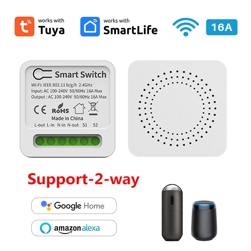 16A Tuya Smart WiFi Switch Support 2-Way DIY Switches Mini Smart Breaker Smart Life Control Support Alexa Google Alice