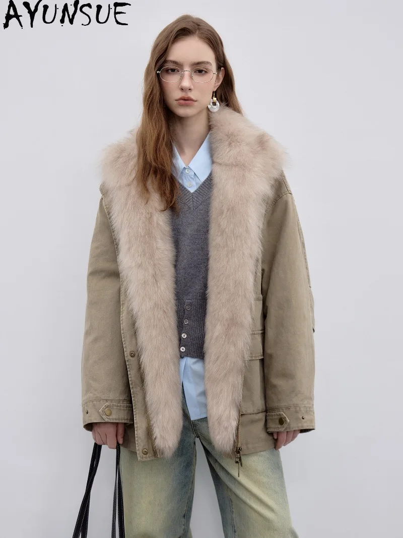 AYUNSUE 90% White Goose Down Coat Female Warm Winter Clothes Natural Fox Fur Collar Mid-length Parka Women Fashion Loose Fit
