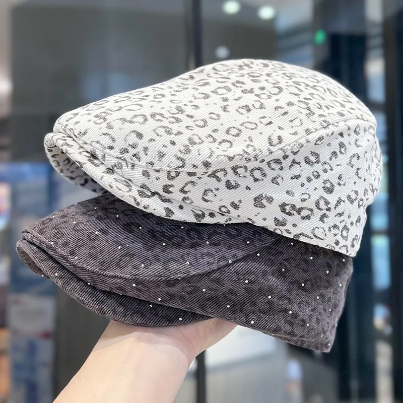 Vintage Leopard Print Autumn Forward Beret Hat For Women Shinning Casual Best Matched Visors Cap Men Female Bonnets Cap Gift