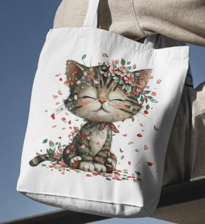 Cute Cat Cherry Blossom Tote Bag Versatile Minimal Canvas Shoulder Bag for Women Casual Reusable Shopping Handbag Fashionable