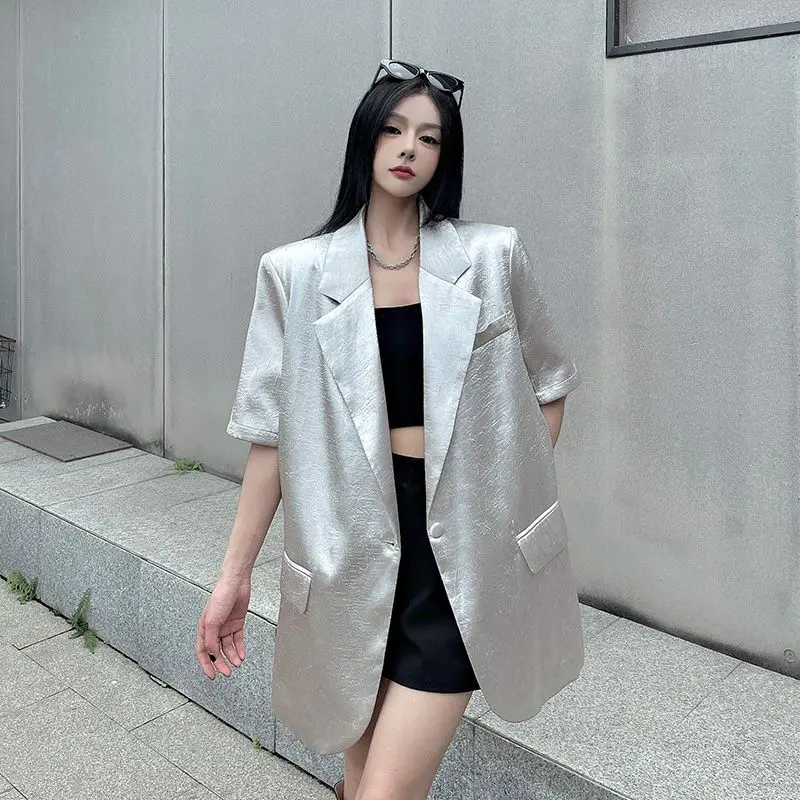 Spring Summer Blazer Mujer Solid Short Sleeve Loose Vintage Women Blazers Korean Fashion Versatile Vestes Femmes