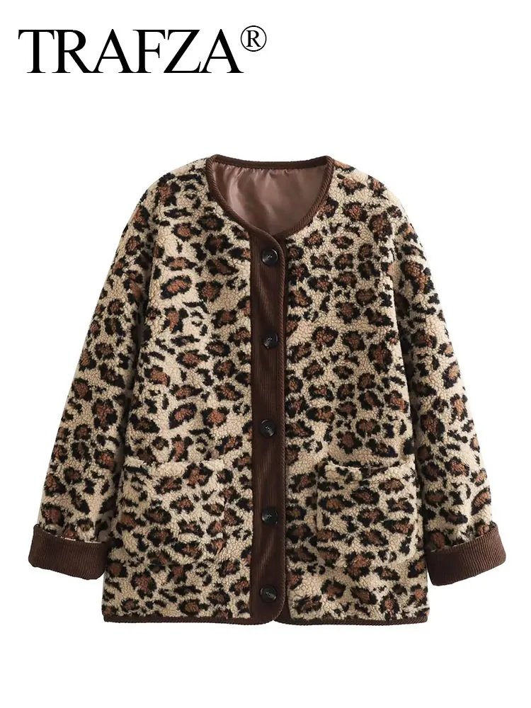 TRAFZA Y2K Leopard Jacket For Women Autumn Winter Casual Long Sleeve Single Breasted O Neck Coat Woman Fashion Streetwear Tops