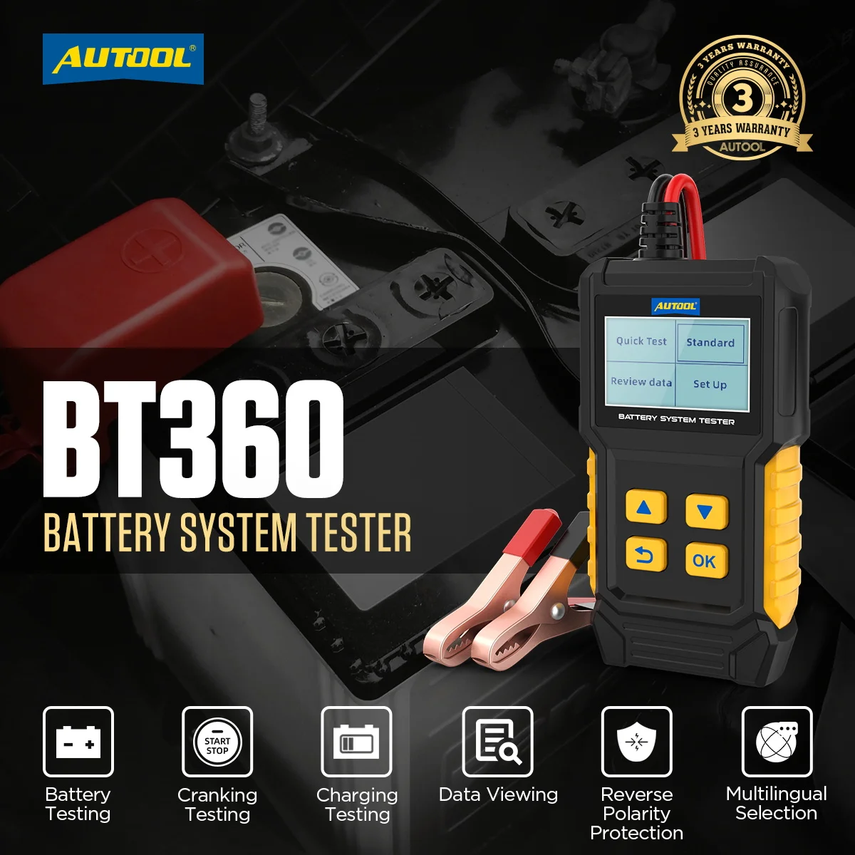 AUTOOL BT360 12V Car Battery Tester Analyzer Digital Auto Diagnostic Batterys 20~ 2000CCA Cranking Test Charging Scanner Tool