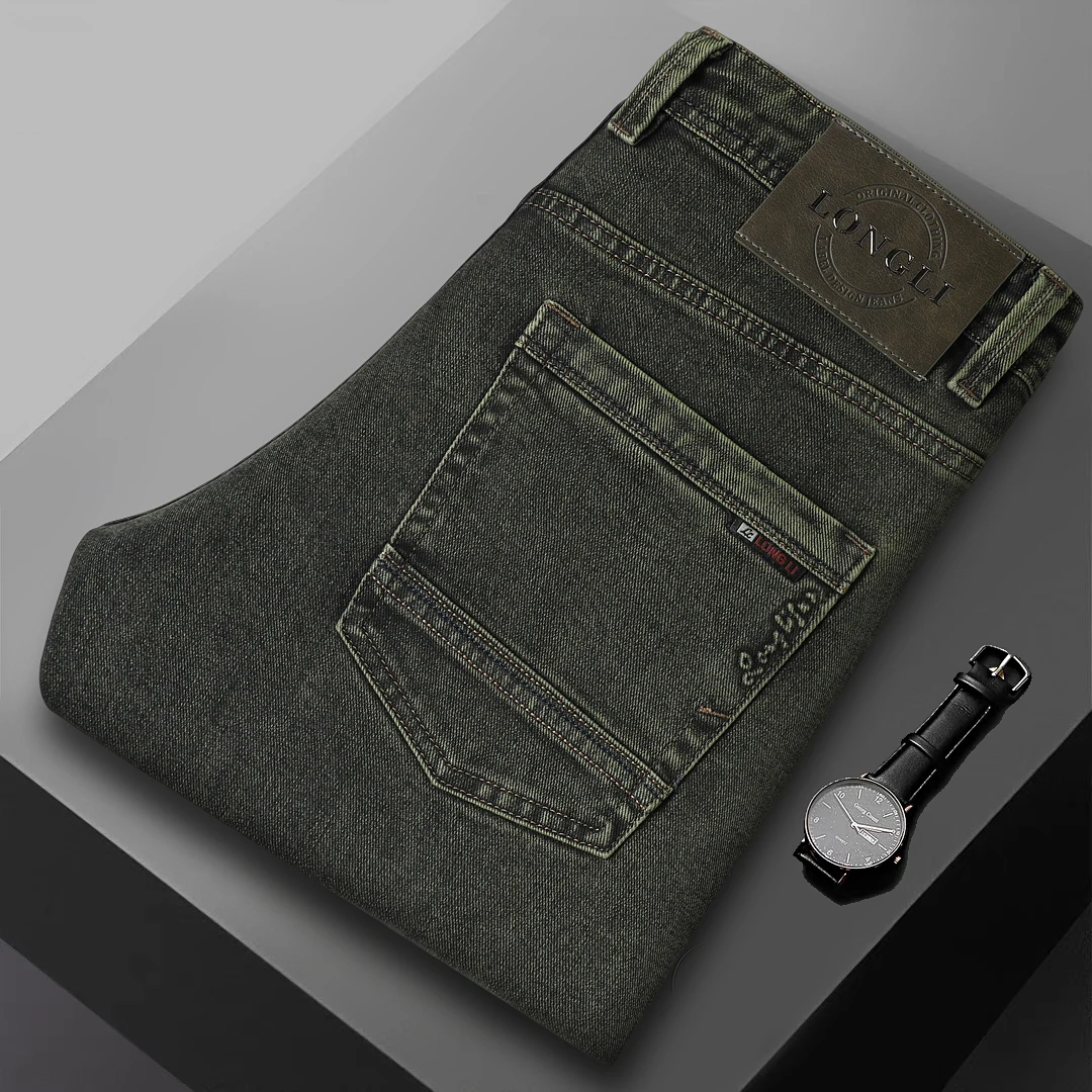 

New Spring Men's Jeans Elastic Casual Business High Waist Drawstring Low Stretch Resistant Durable Wide Leg Pants