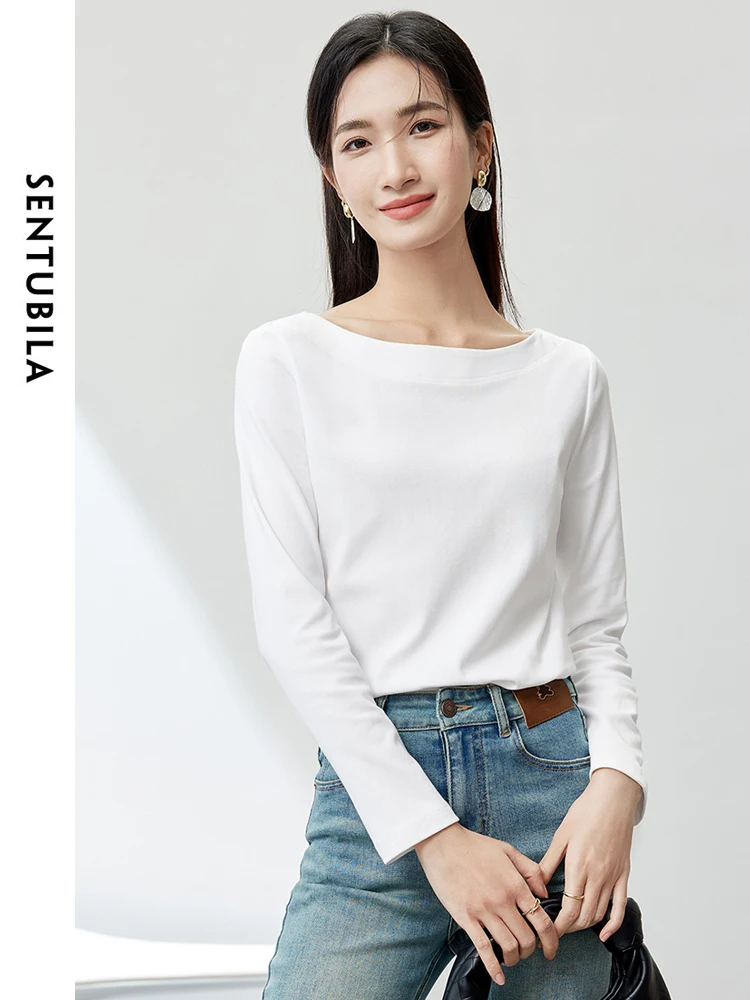 

SENTUBILA Women's Cotton T-shirts 2024 Spring Autumn Simlple Long Sleeve Top Solid Basic Tee Shirts Female Pullovers 143T57728X