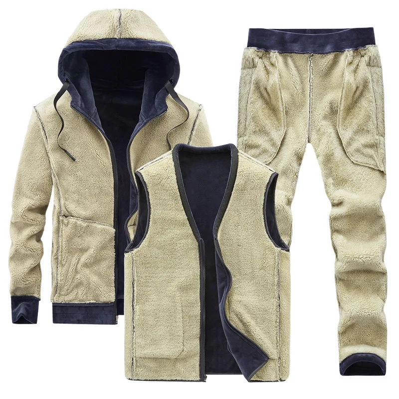 중년 남성용 3피스 세트 겨울용 보온 플러시 후디와 면바지 캐주얼 양털 의상 두꺼운 따뜻한 라운지 세트