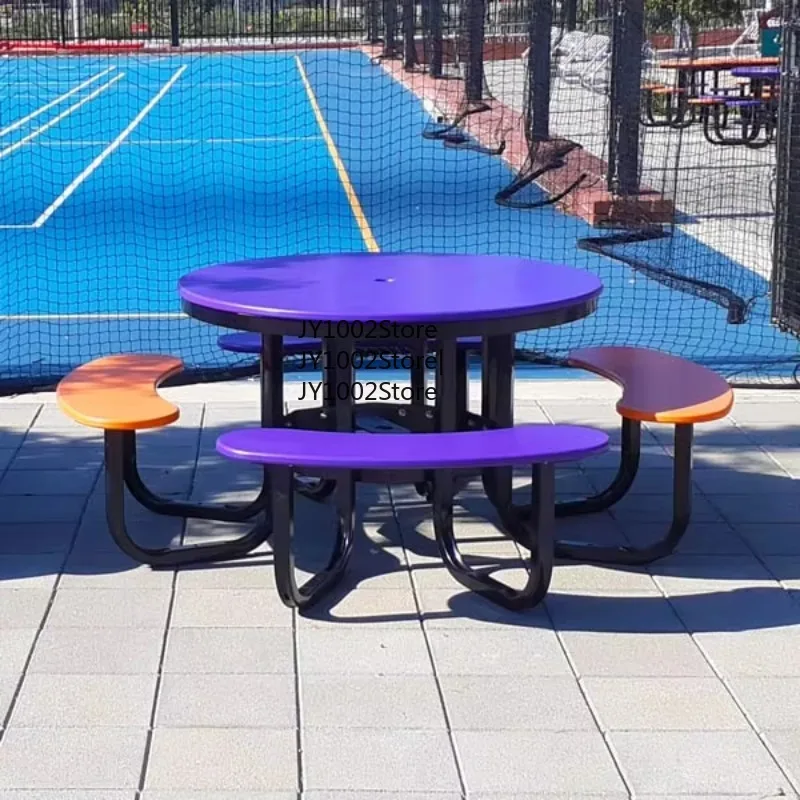 Colorful Modern Outdoor Dining Table Attached Benches UV-Resistant Galvanized Steel Construction for Parks Community Areas