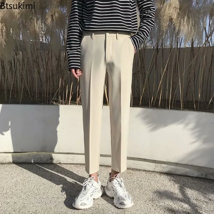 Spring Summer Men's Suit Pants Fashion Solid Slim Business Office Social Formal Pants for Men Elastic Waist Ankle Length Trouser