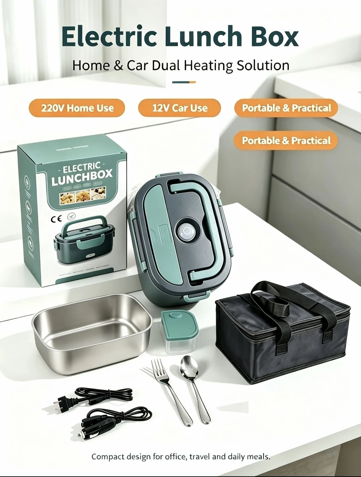 Electric Lunch Box 12V Car 220V Home Dual Use, 304 Stainless Steel Removable Liner, Portable Food Warmer with Insulated Bag, For