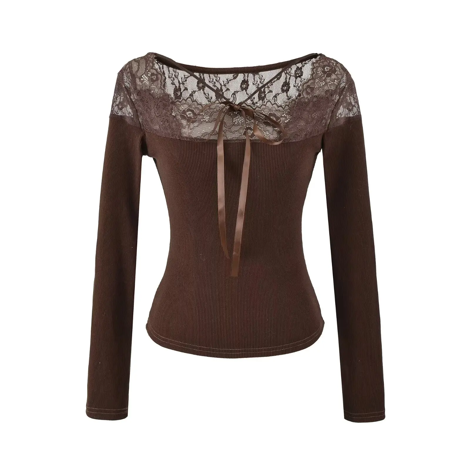 T-shirt da donna in maglia a costine con scollo a V impiombate in pizzo T-shirt slim elastiche a maniche lunghe sexy