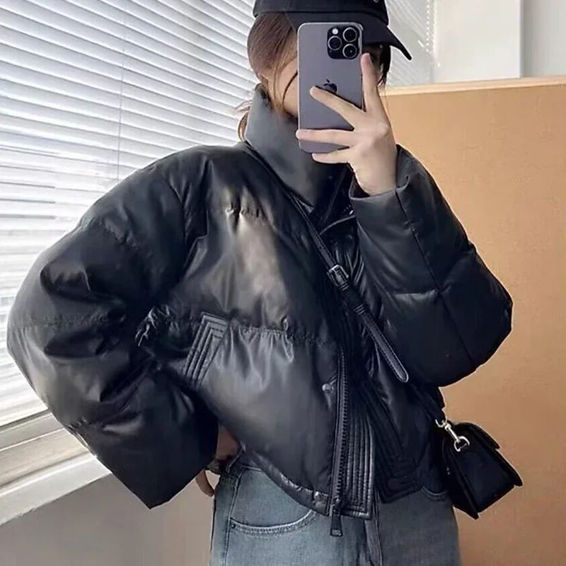 Winter Warm Thick Parkas Women New Fashion Loose Crop Jacket Female Black Cotton Padded PU Leather Elegant Zipper Coat Y2K Tops