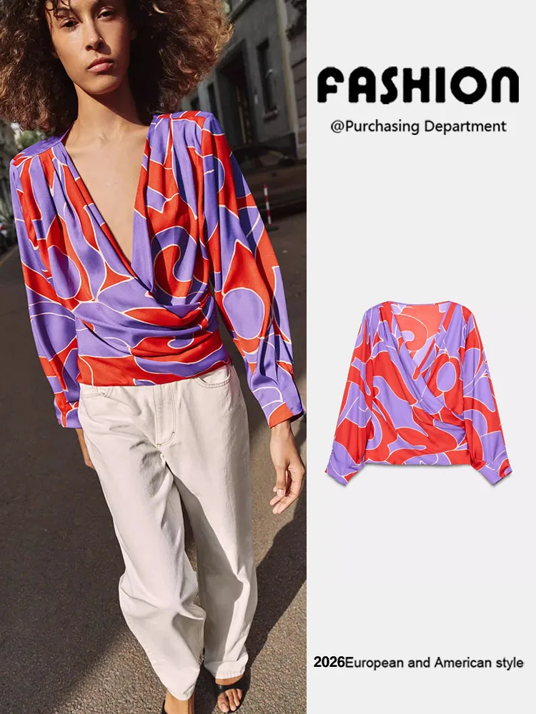 Spring New Arrival Women's Fashion Long Sleeve V-Neck Print Shoulder Pad Silk Satin Shirt Elegant Ethnic Style Stage Costume