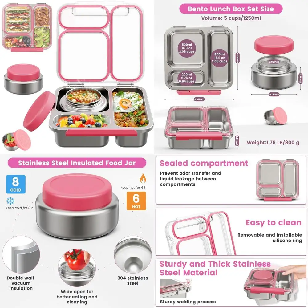 

Pink Insulated 3-Compartment Stainless Steel Bento Lunch Box with 7oz Soup Thermo and Sauce Cup for Kids and Adults, BPA-Free