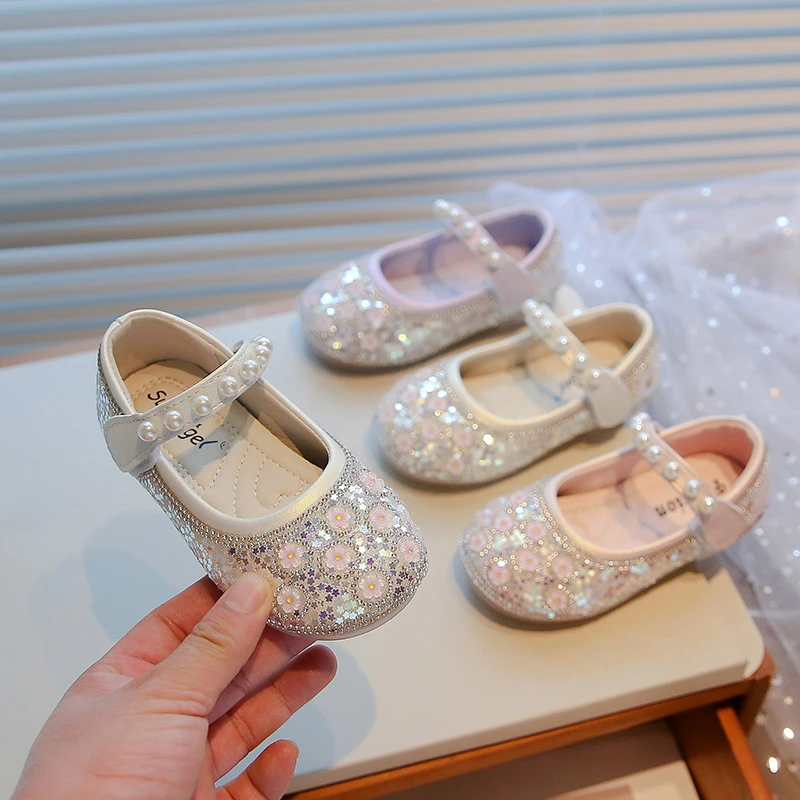 Girls Bling Crystal Princess Flats Kids Floral Party Dance Shoe Child Soft Mary Janes Baby Girls Pearl Casual Shoes