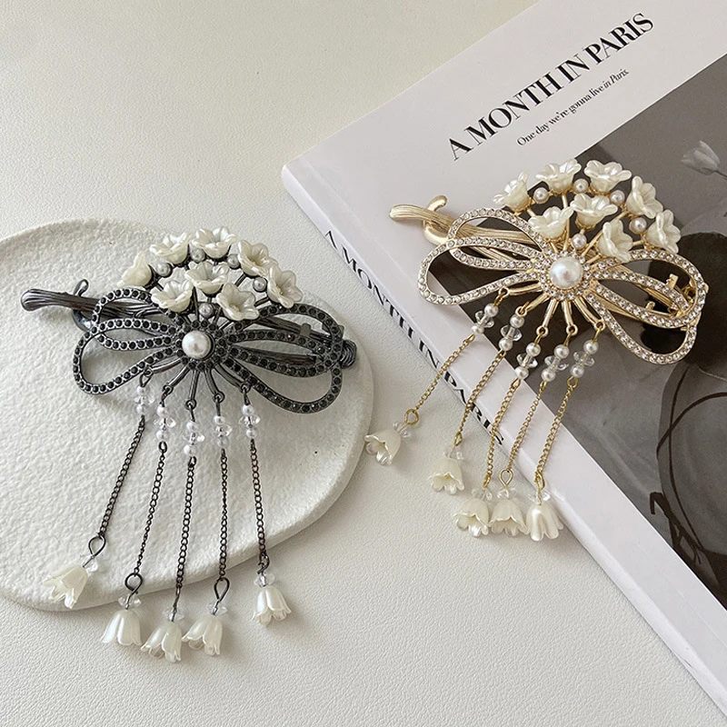 Grampos de cabelo vazados com laço para mulheres, meninas, flor de cristal, borla, brilhante, elegante, moda, presilhas de cabelo