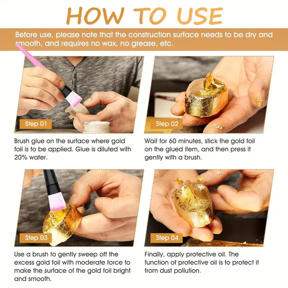 مجموعة لاصقة من الرقائق الذهبية 100 مل/200 مل - غراء معدني قائم على الماء مع فرشاة للحرف اليدوية والرسم والمشروعات الفنية