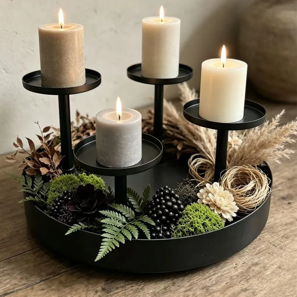 Rustic 4-Head Candle Holder Matte Black with Drip Tray Metal Candelabra Pillar Candlestick for Party Table Centerpiece Decor