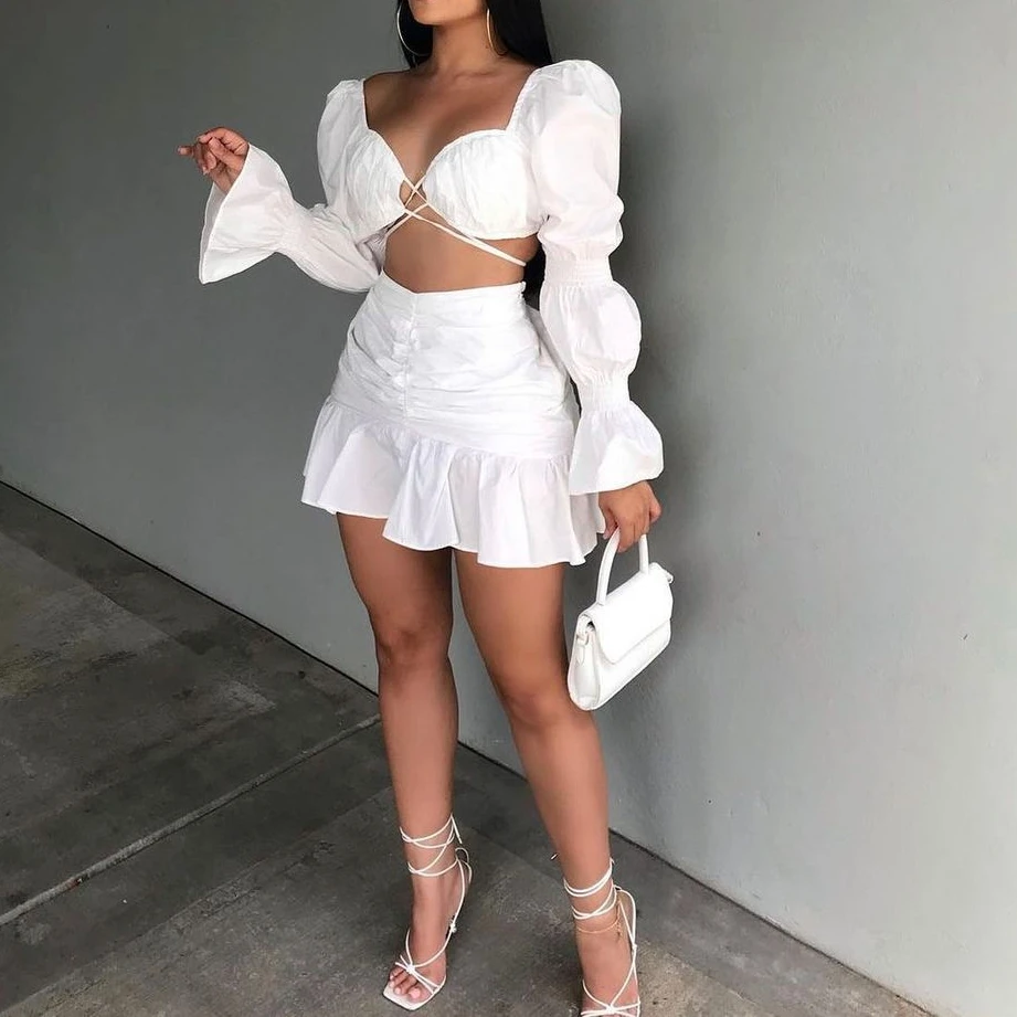 

Two Piece Sets Women Skirt Set V Neck Lantern Sleeve Short Tops Shorts Skirts Matching Sets High Waist Casual Ruffles Summer