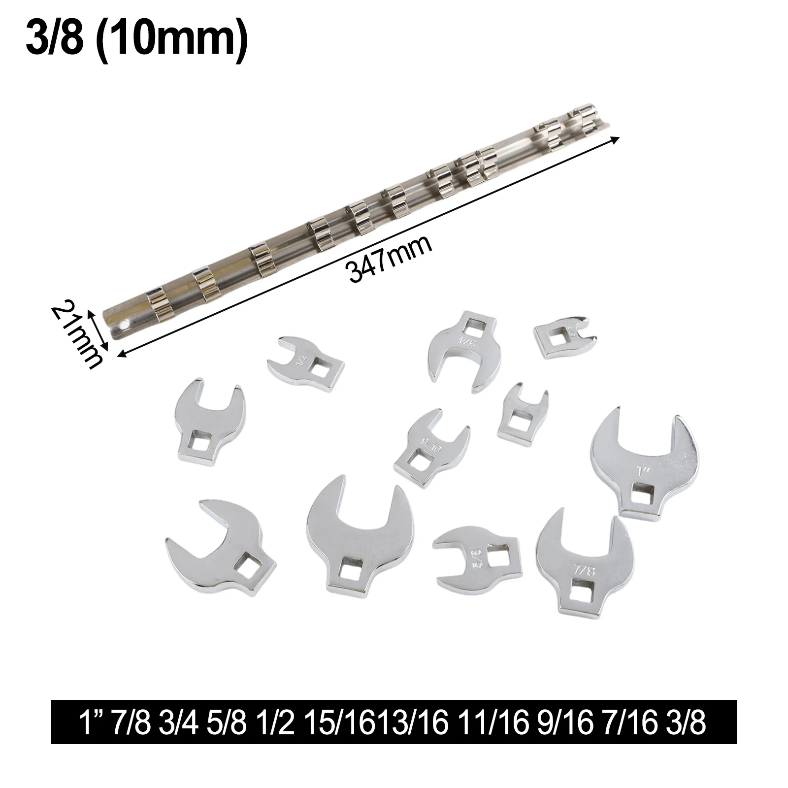 Open End Crowfoot Wrench Set 11Pcs 3/8 Inch Drive Chrome Plated Carbon Steel for Tight Space Fastening and Loosening